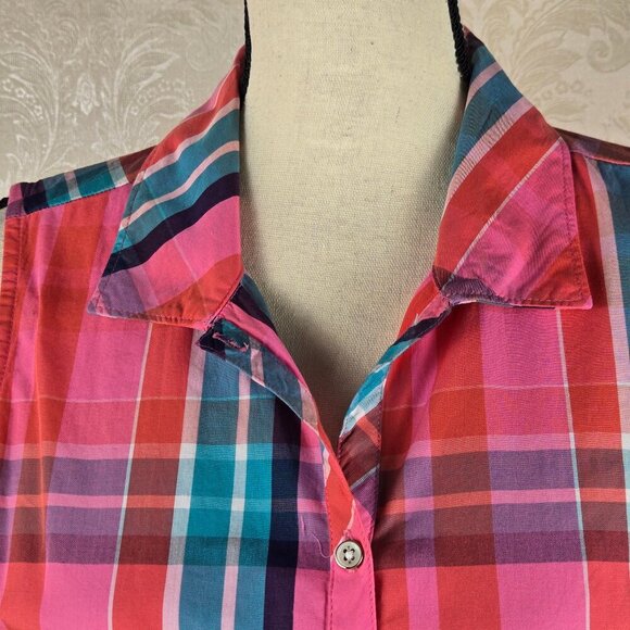 Tommy Hilfiger Size Large Pink Plaid Shirt Dress Button Front Sleevless Cotton - Picture 5 of 12